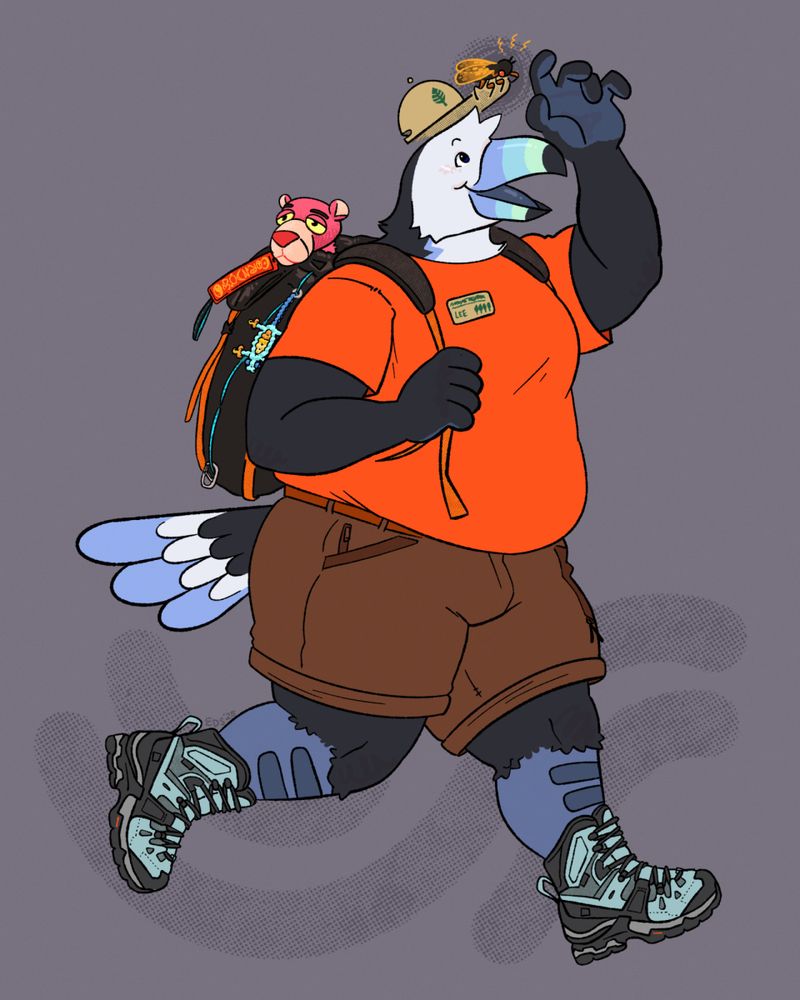a full color illustration of a big bird on their way to work. A blue toucan (or a blue-can, if you will), has a medium build, slightly bottom heavy. mid stride, notices a small friend on the brim of their khaki colored baseball hat: a cicada! bright orange tee, brown shorts, gray/blue hiking boots. a black backpack completes the look with orange straps. on the backpack, we can see an embroidered tag that reads “CORNDOGS” in the style of the classic “COEXIST” bumper sticker. there is also a blue, beaded lizard keychain, and sticking out of the top is the head of everyone’s favorite scamp, the pink panther. his big plastic eyes look dolefully onwards, as he joins bleu on their hike. 