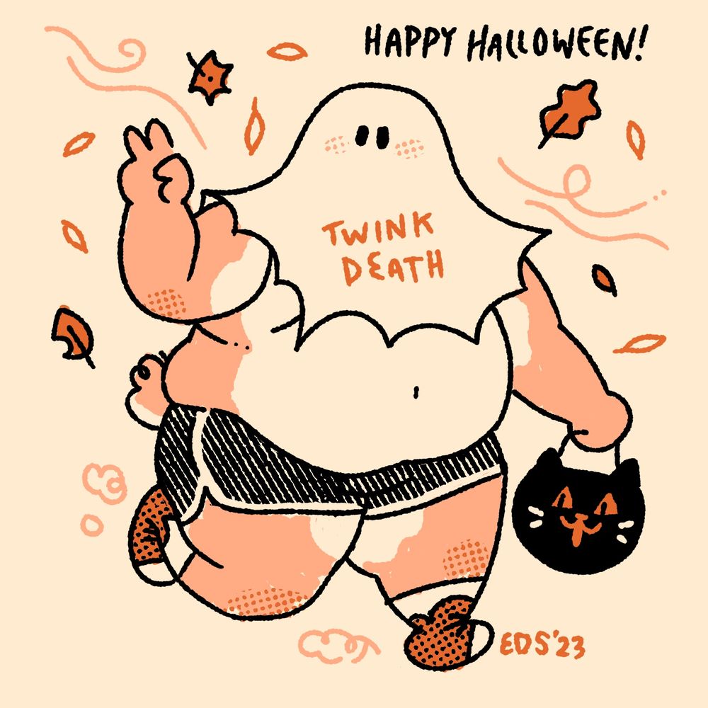 emmbunn in a "twink death" costume - a classic ghost costume that is far too small for their big chubby body. They're throwing up a peace sign and have a trick or treat bucket that looks like a cat.