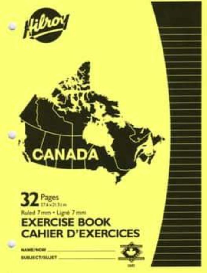 The cover of a yellow Hilroy school notebook