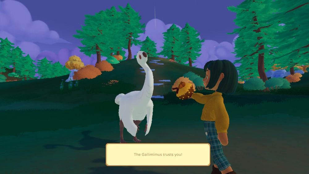 A screenshot from the game Paleo Pines - it's a gallimimus being befriended by the player character.