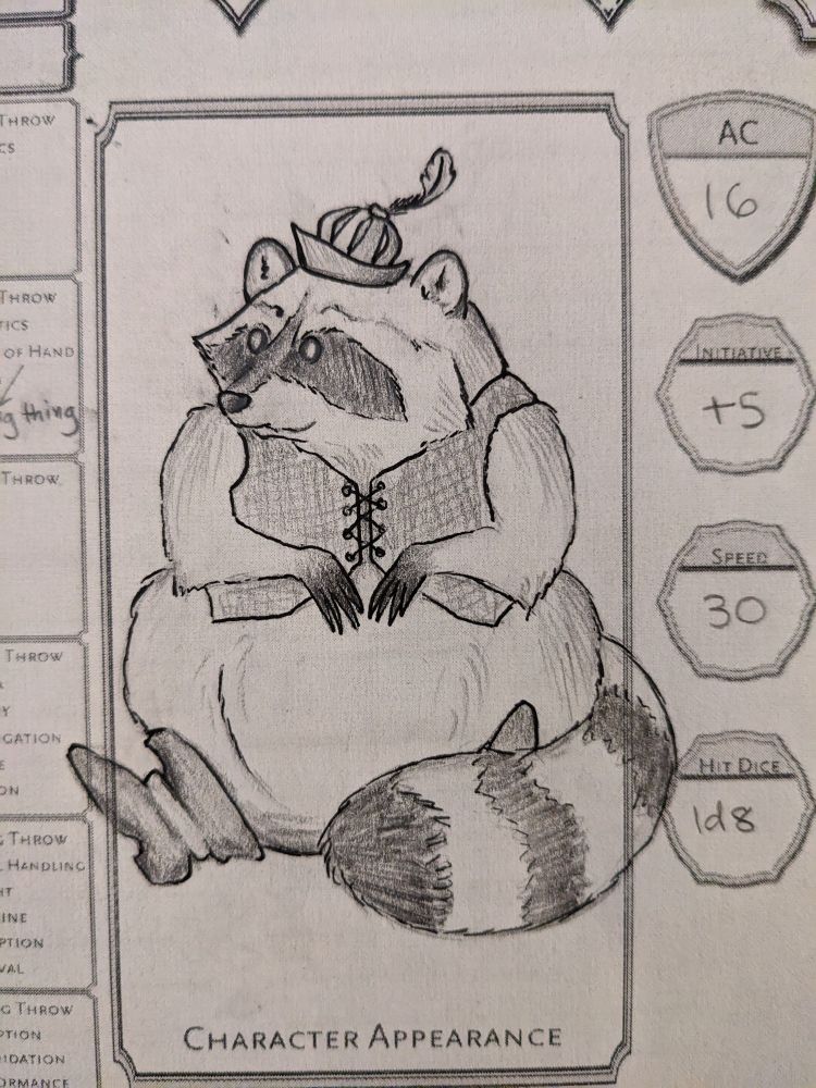 A drawing on a d&d character sheet of a very rotund raccoon wearing a little vest, leather boots, and a silly jaunty hat with a feather. 