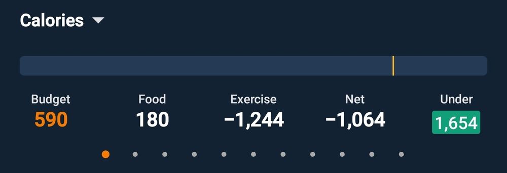 Weight loss app showing a net calorie count of -1064 kCal.