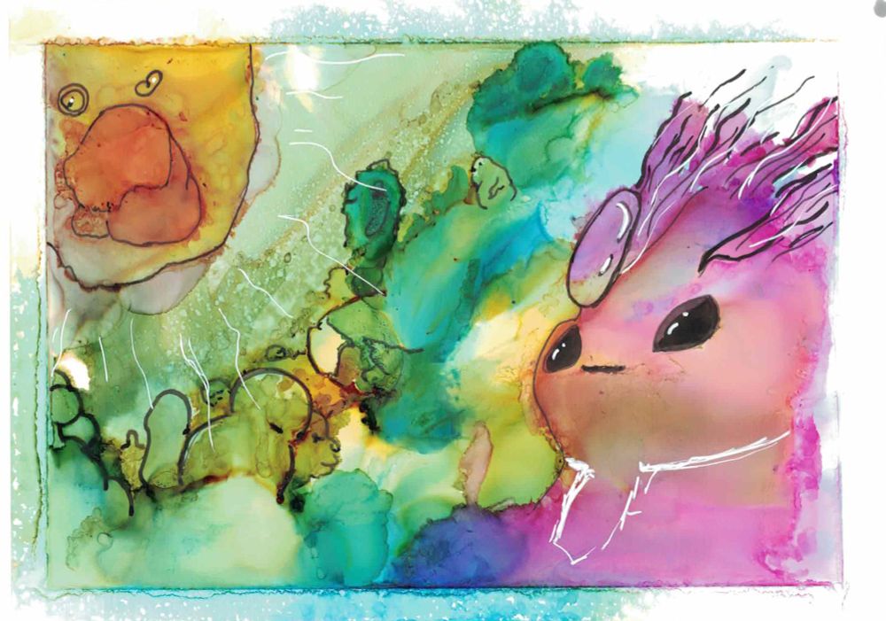 This artwork feels playful and full of life, centered on a charming creature with soft features and a curious gaze. Positioned on the right side of the image, the creature’s body is mostly a warm pinkish-peach hue, blending into vivid purple and magenta at the edges. Its smooth, rounded head is topped with wispy, branch-like shapes resembling feathery tendrils or stylized hair—drawn in deep pink, violet, and white, flowing toward the upper right like flames or currents.

The creature has large, expressive black eyes, glistening with highlights that give it a sense of awareness or gentle emotion. It wears a small, subtle smile that enhances its friendly appearance. A prominent feature sits on its forehead: a large, rounded oval reflecting light, almost like a glossy gem or oversized bubble, hinting at fantastical biology.

The background is a dynamic blend of layered colors—mostly greens, teals, and golden tones—merging and swirling throughout. Shapes in the background are loose and organic; some resemble puffs of cloud or mossy textures, while others appear as faint outlines of abstract figures or beings, nearly hidden in the mist. Thin white lines arc and curl across parts of the image, suggesting energy or motion without anchoring it to a specific setting.

On the left side, another form appears—an irregular orange and yellow shape with dark lines inside, outlined in soft whites and earthy hues. Its presence contrasts with the creature but doesn’t compete for attention; instead, it feels like part of the same odd, colorful world. Two small circles inside this shape resemble floating eyes or bubbles, adding a sense of vague sentience or presence.

The composition captures a whimsical, possibly alien moment—quiet, gentle, and full of color-driven emotion. The soft blending of hues and sketchy outlines adds to its wonder and warmth.