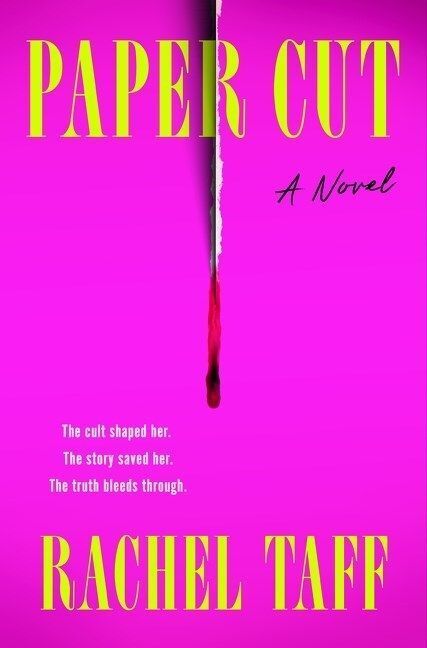 The cover of Paper Cut is a bright purple pink with a single bloody rip down the middle.