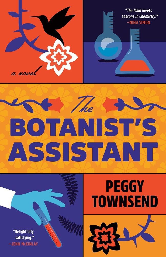 The cover of the Botanists' Assistant is comprised of several blocks of bright blues, reds, and oranges, depicting a few different things: a thorny flower, chemistry flasks, and a hand holding a beaker of a bright red liquid.