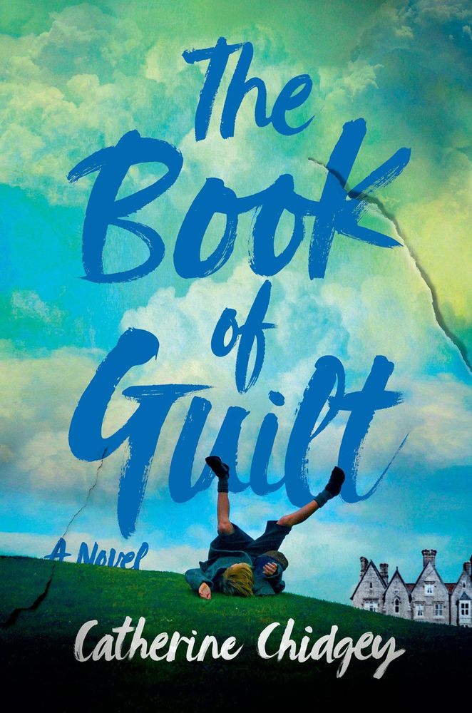 The cover of The Book of Guilt depicts a young boy rolling down a hill with a stone building visible in the far distance.