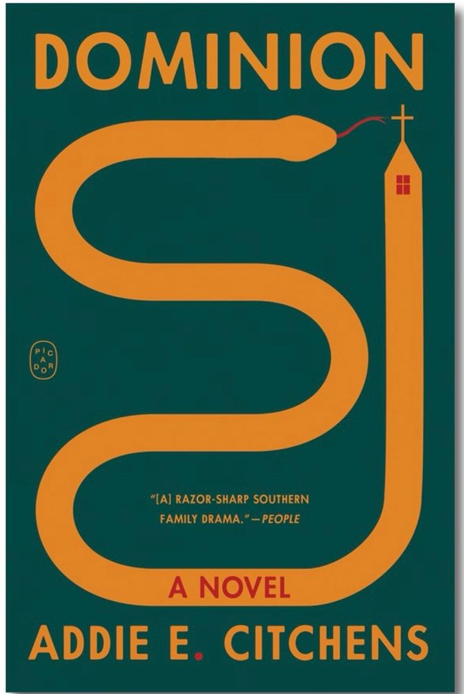 The cover of Dominion features a gold snake against a dark green background. The tail of the snake is a church building with a cross on top. The head of the snake points directly towards it with its tongue almost touching the cross.