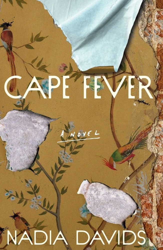 The cover of Cape Fever depicts peeling yellowish brown wallpaper with just a bit of red brick wall revealed underneath. The wallpaper has a faded pattern featuring birds and branches.