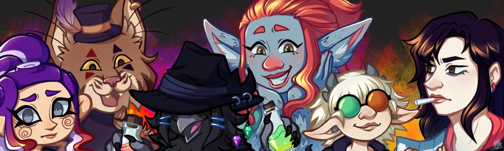 headshots of a bunch of characters all next to each other. From left to right- Pilk - Splatoon Octoling, Hopscotch - Tabaxi, Foxglove - Kenku, Cascerra - Firbolg, Toe - Gelfing, Crow - Human. 