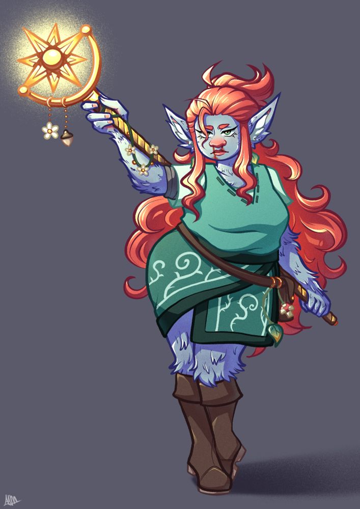 Cascerra, a firbolg with blue fur and long, wavy red hair partially put up in a ponytail, is holding a wooden staff behind her back. The top of the staff has a golden sun that is a glowing. Her nose is bleeding and her face in a serious expression.