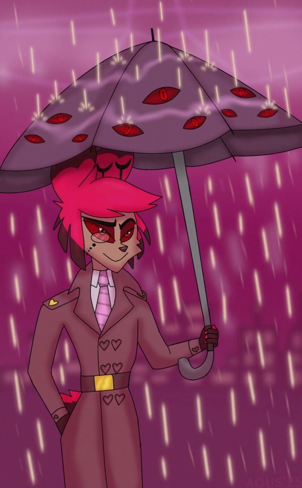 Alastor in a trench coat, holding an umbrella under the rain