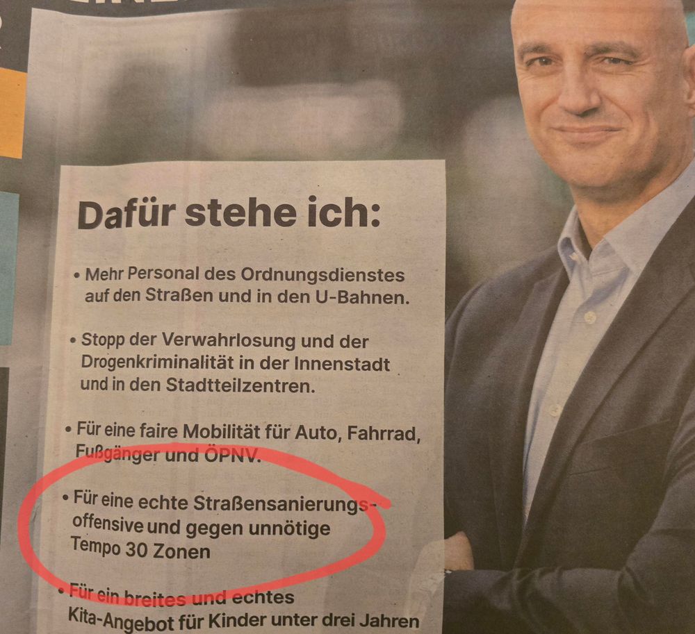 Wahlplakat von Alexander Omar Kalouti, Bürgermeister-Kandidat der Dortmunder CDU 2025. Sein Motto u.a.: "Dafür stehe ich: ...gegen unnötige Tempo-30-Zonen"