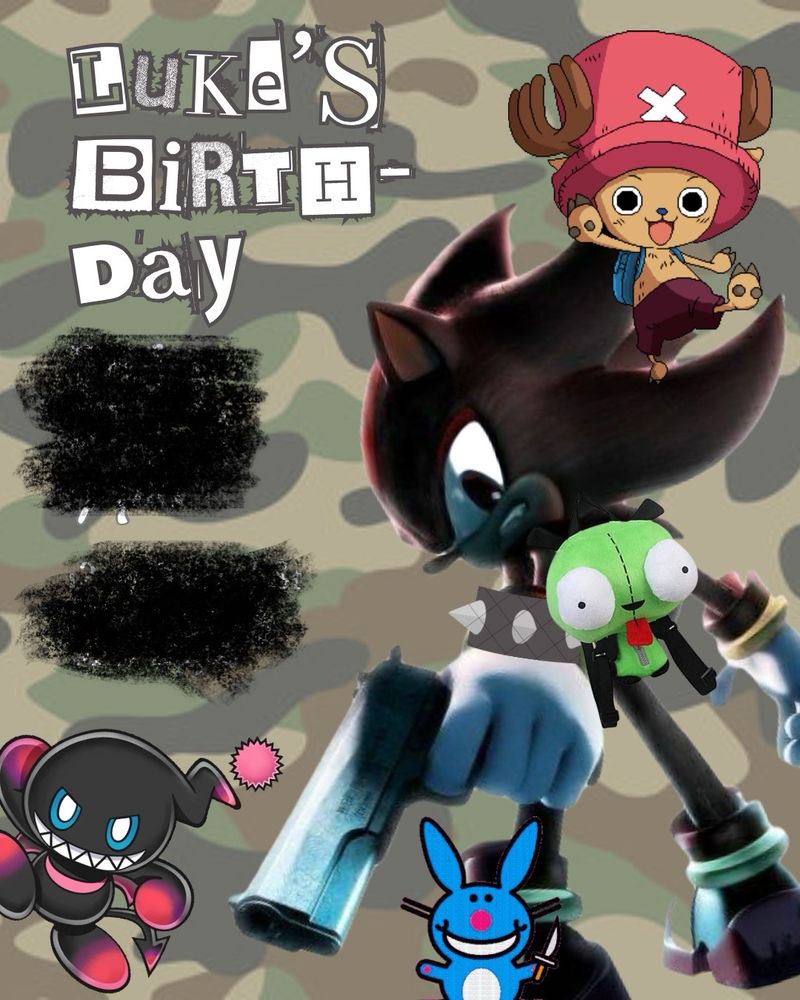 A very cool and chill birthday invitation featuring shadow the hedgehog with a gun 