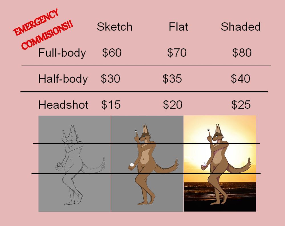 standard commishion price sheet with a range of prices from $15 to $80 