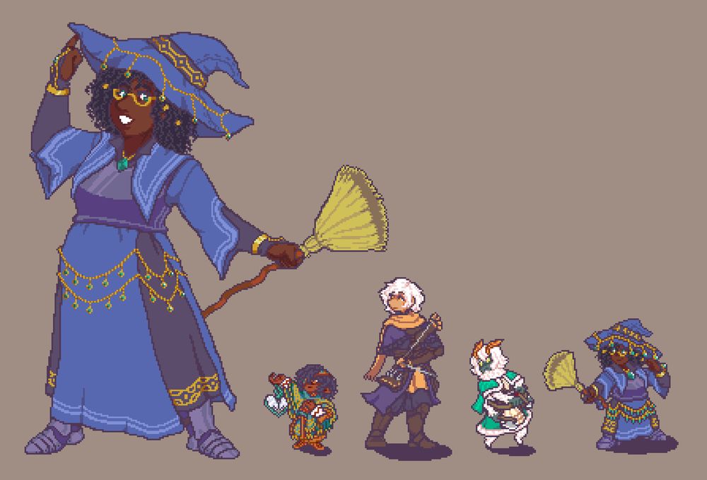 A sprite of my OC, Arista, a wizard lady with a confident smile, adorned with a big pointy blue hat and a lot of jewelery. She wears a metal breastplate over a blue robe, with more gold accessories on her hands and waist. She also wields a broom in one hand.

There's a smaller version of her sprite in a battle-stance next to other party members.