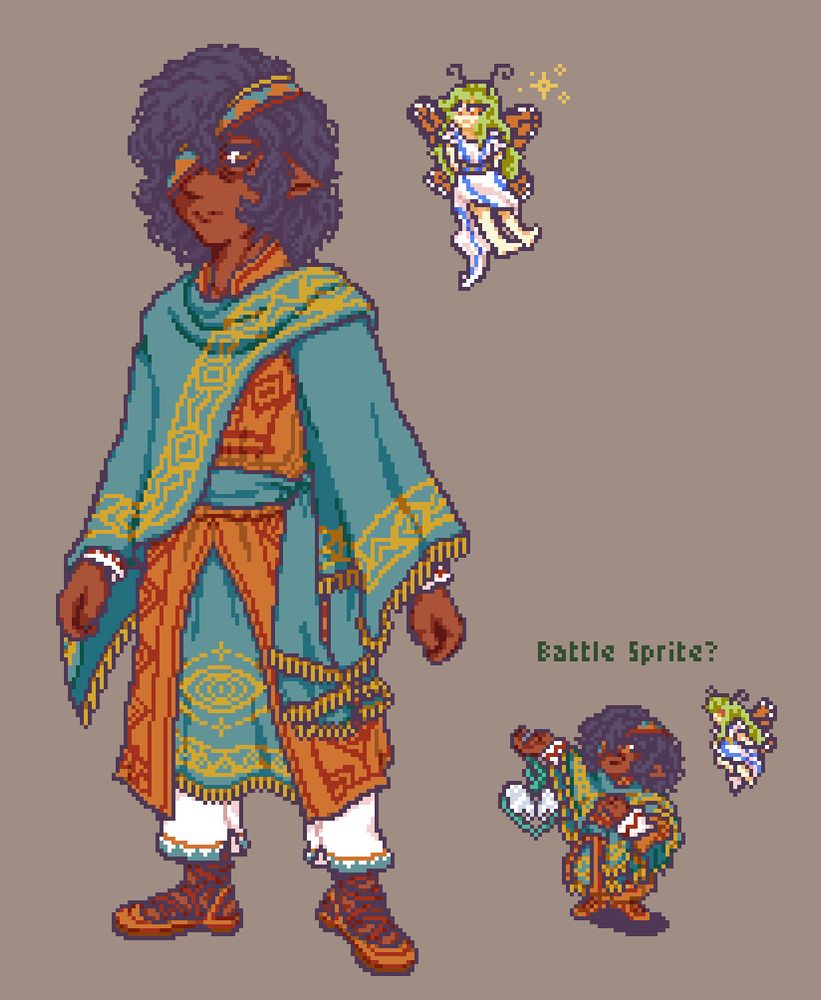Two sets of sprites; one of a tired halfling (Euliss) with messy, wavy hair. They're wearing a teal poncho haphazardly draped over an orange tunic patterned with red diamond designs. A band going around their head covers their right eye.

Next to them is a fairy (Siobhán,) with greenish-hair and monarch buterfly wings in a fairly cutesy pose. They wear a flowy white dress with a blue sash.

Smaller sprites of the two are next to it, with Euliss in a combat pose. They're dangling a mirror on a string vaguely resembling a luna moth.