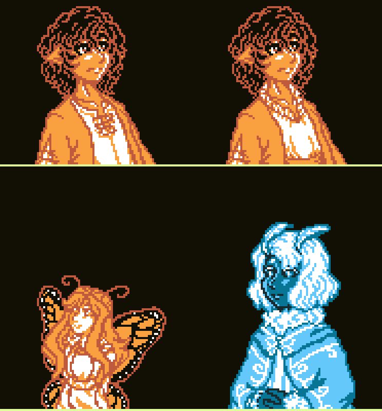 Pixel art of 4 portraits with GBC-esque palettes. At the top is 2 portraits of a slightly leaning curly haired halfling, one in a simple shirt and the other in a ruffled dress. The other two are a fairy doing a cute pose and a fuzzy moth-like fairy with their hands together.

