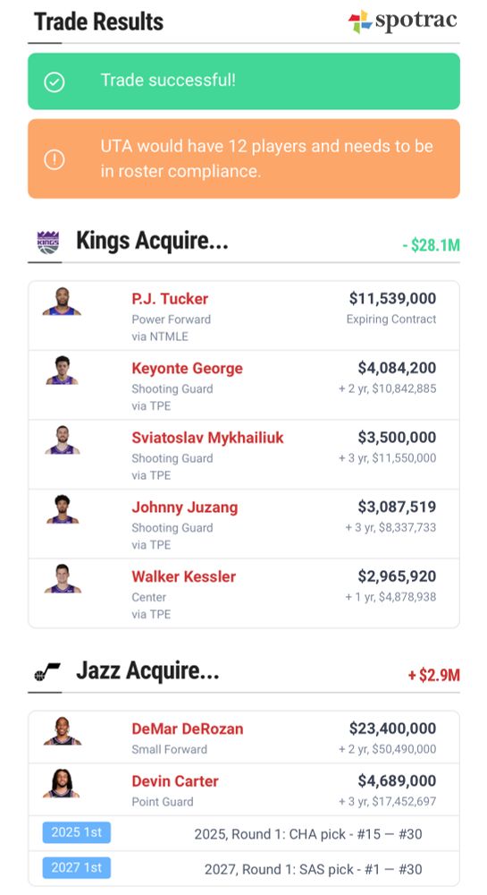 A screen shot of a trade involving the Utah Jazz and Sacramento kings.