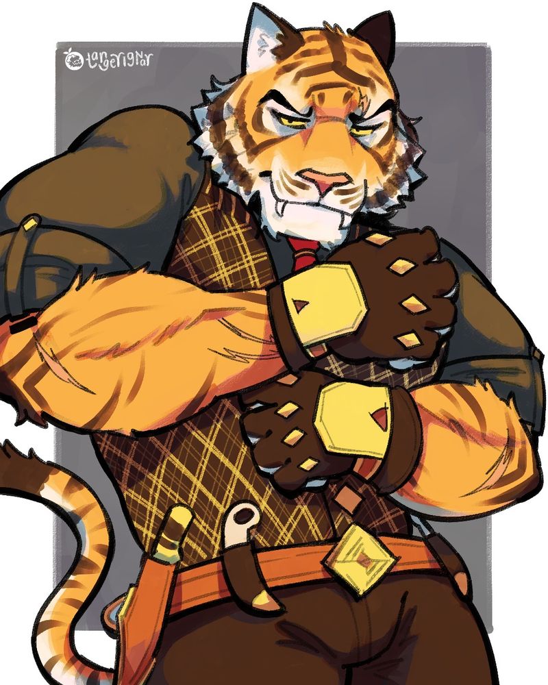 Oscar is depicted with a broad, muscular physique while wearing a checkered plaid vest over a red tie, paired with brown gloves and trousers. His powerful arms are crossed confidently, emphasizing his strong build, while his stern expression conveys determination. His outfit adds a touch of class to his robust appearance.