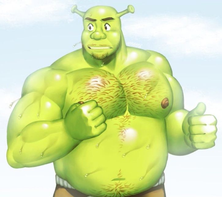 shrek with body hair and happy trail jogging and sweating damn hard at daytime for some reason