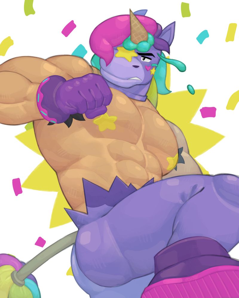 Berry from Brawl Stars with a ripped onesie, showcasing a muscular torso. The expression remains serious, and it punches forward, framed by colorful confetti.