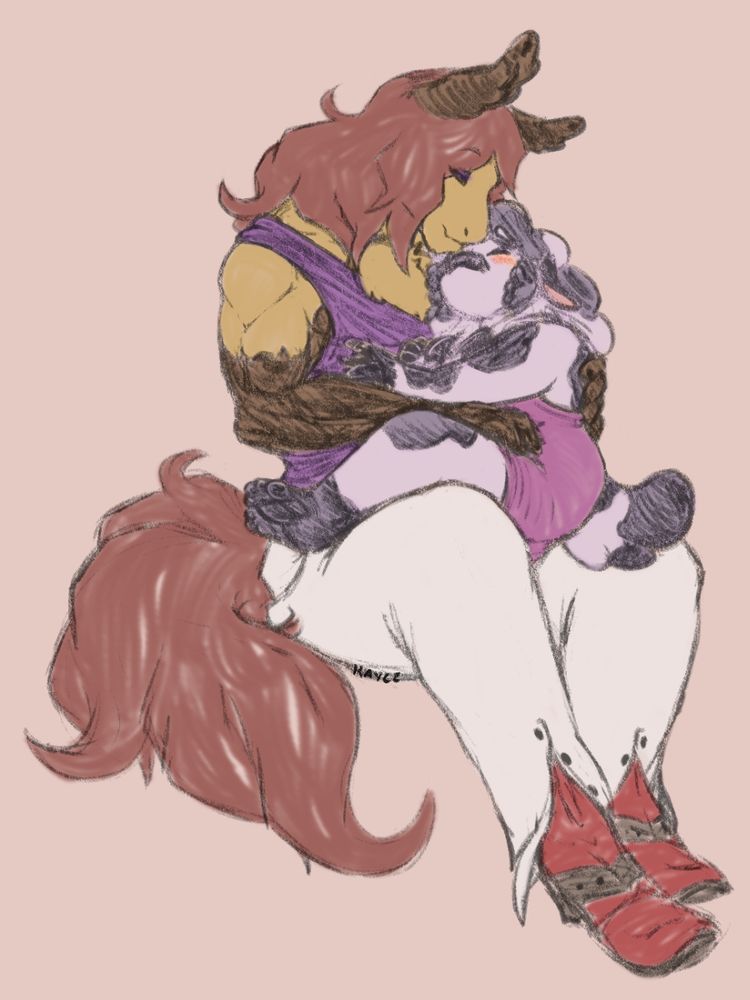 OCs: horse boyfriend and sheep girlfriend cuddling, with the sheep sitting in the horse's lap