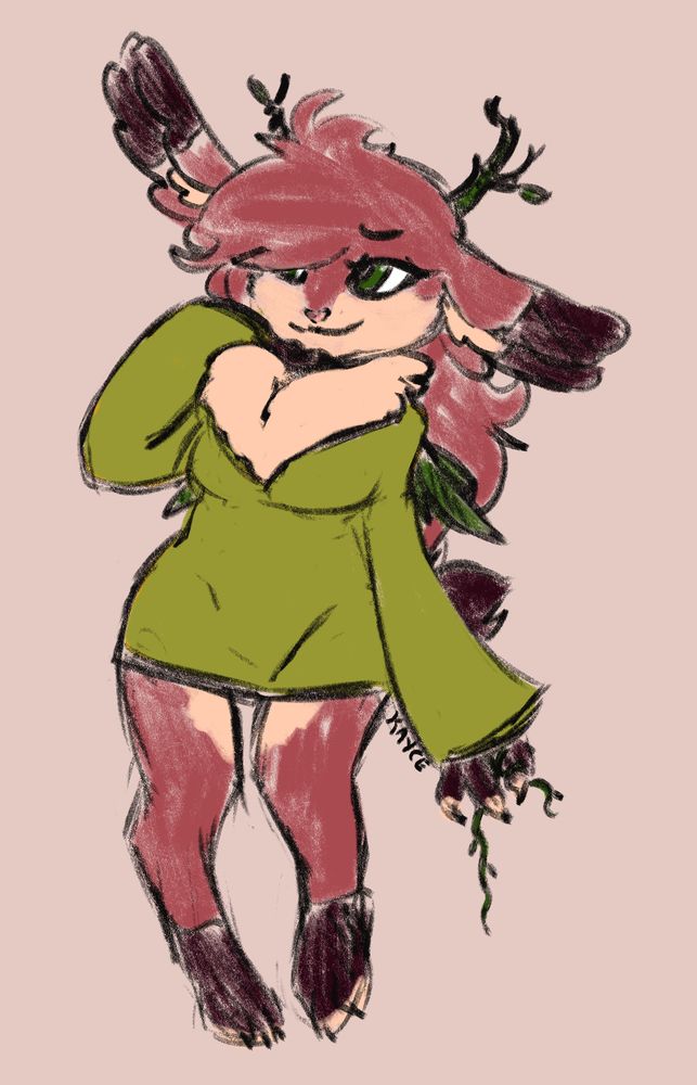 OC: a rabbit-like creature in a green sweater dress, with antlers and wings made out of plant material