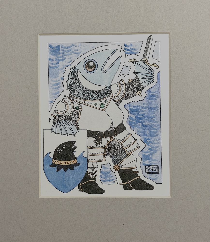 Herchel's bane by Margaret Organ - a drawing of an anthropomorphized salmon knight with a sea-lion head on its shield.