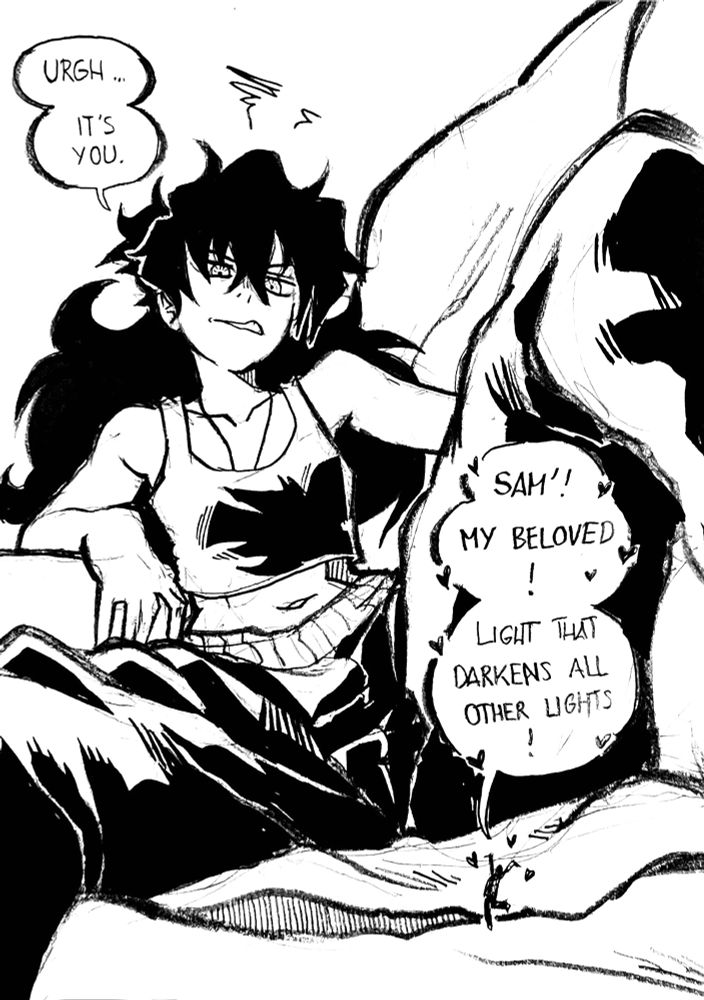 Sam’, half sitting, half laying on a couch, notices a stranded Lucien, her face scrunching with disgust at the horny little man.