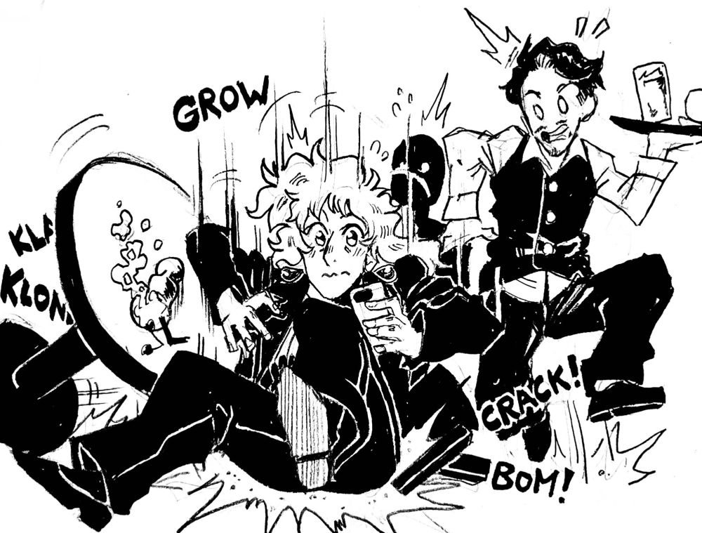 Juliette’s chair break under her newfound weight, as she slowly starts growing. The table falls and nearby folks are surprised.