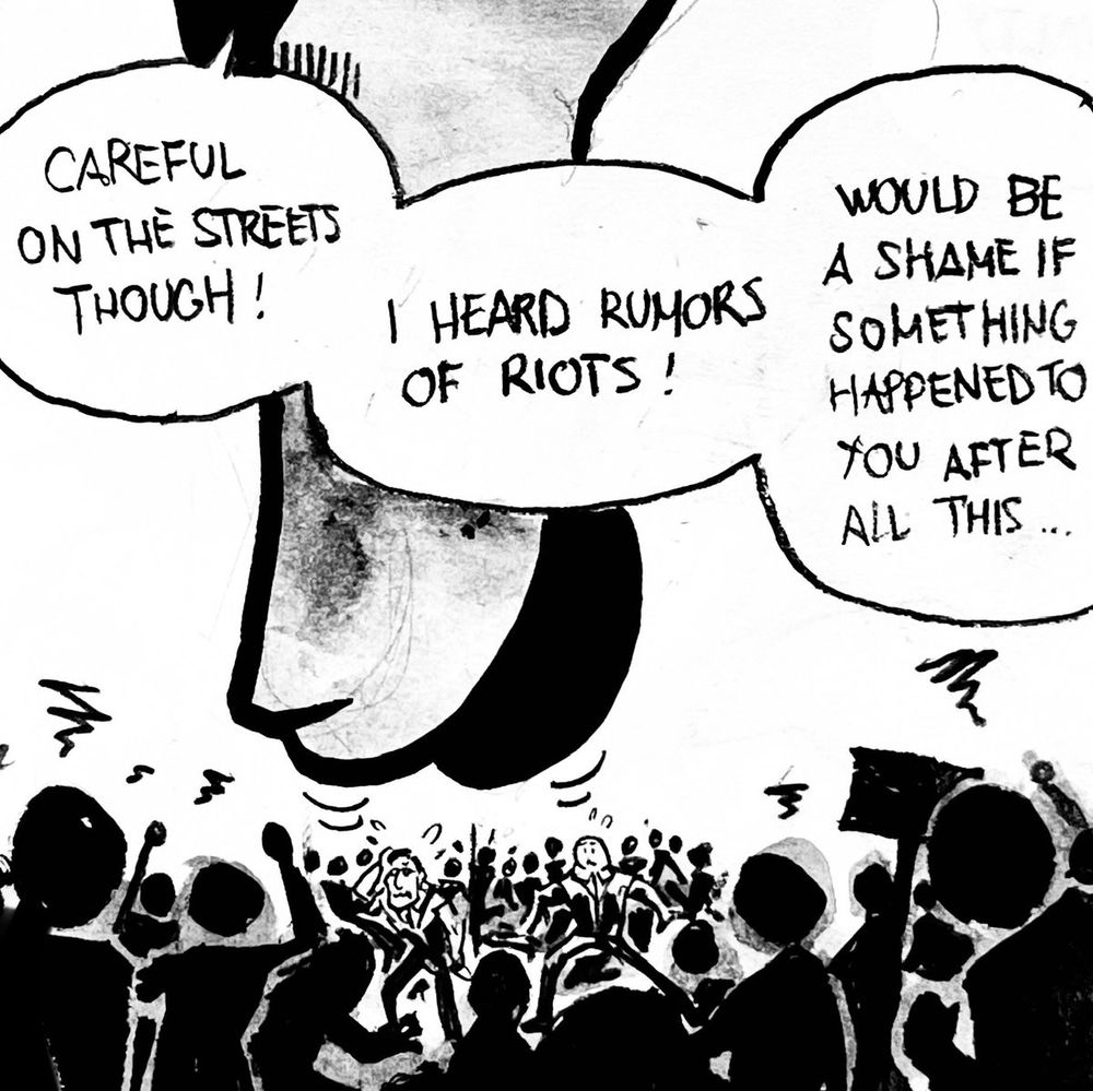 Abandonning them to their fate, surrounded by the angry mob.