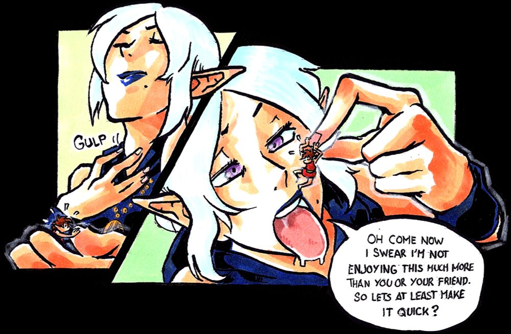 In the first panel (left) a white haired woman of elven heritage is seen swallowing something while, in the foreground, she holds tightly on a panicked tiny fairy under her thumb.
On the second panel (right), the same woman is dangling the fairy over her wide open mouth, letting her tongue out, ready to swallow them.