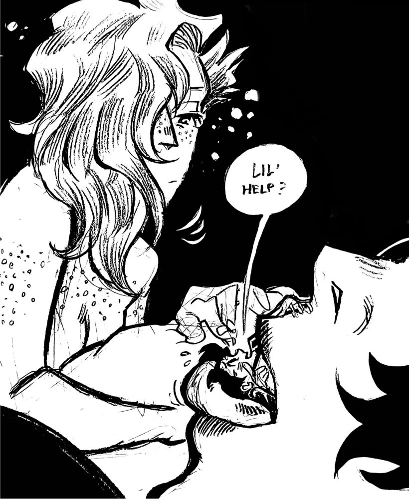 Ed’ calls for help to a drowsy Sarah, watching his predicament.