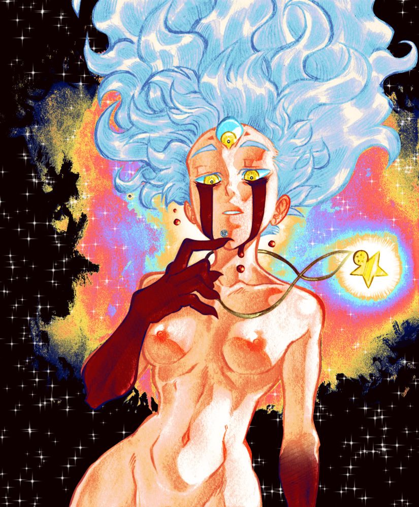 Cosmic Sam', wild white hair dancing like flames as a third eye has opened on her forhead, inspecting planet Earth, pondering.
Tears of blood trail across her cheek and drift of in space, as her now bloodied and clawded hand gently nudges the earth closer to her face.