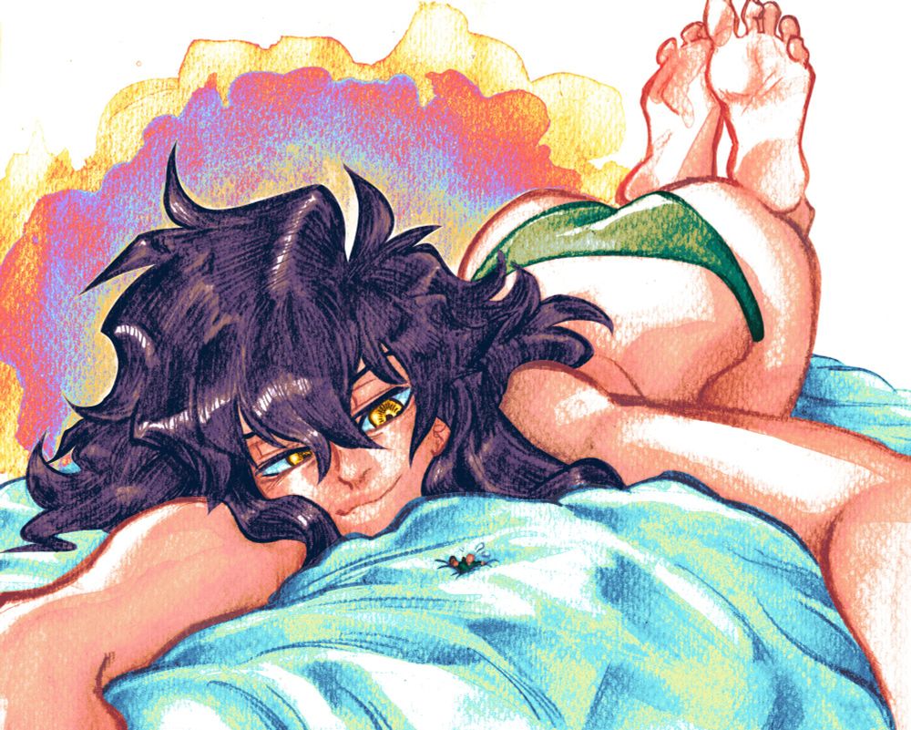 Sam' laying on her stomach in her bed, arms stretching out, lookin' down on one of her shrunken victim with a smirk.