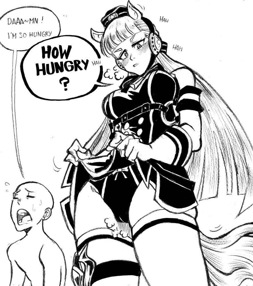 A very tall, panting, Gold Ship from Umamusume lifting her skirt as an invitation to oral sex.