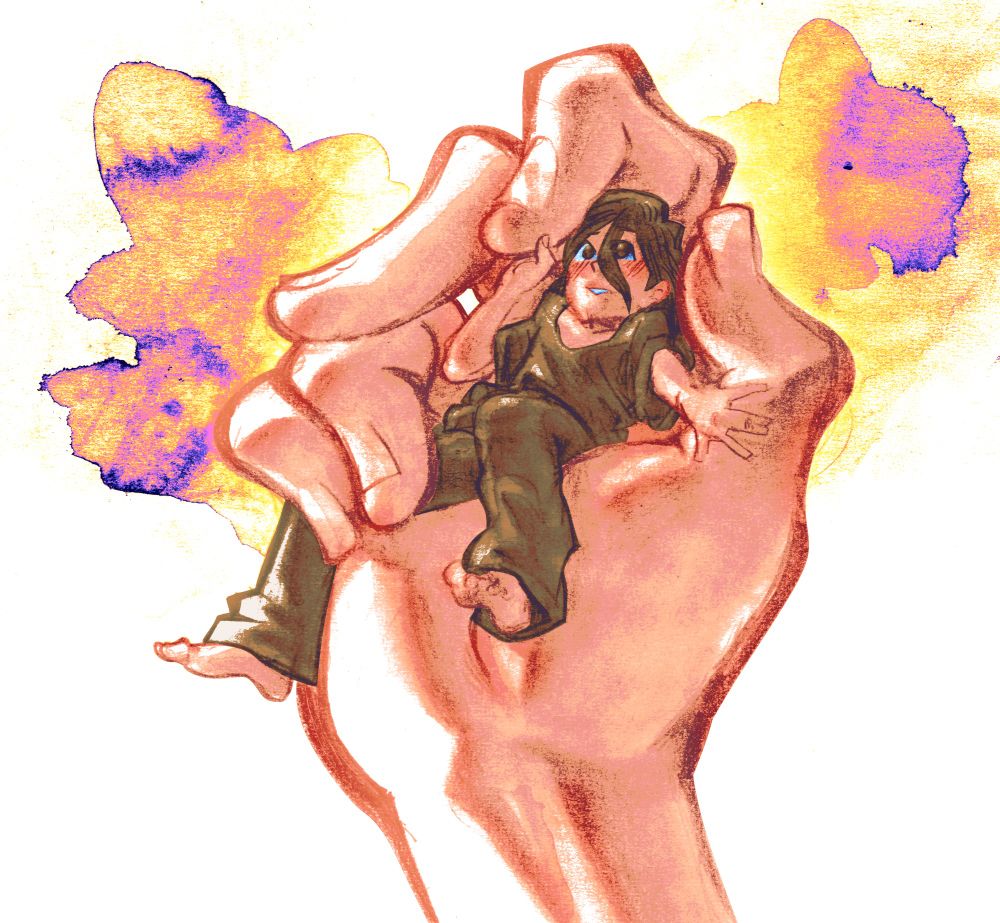 Ed' precariously sitting in Emily's palm, caressing her fingertip with stary eyes.