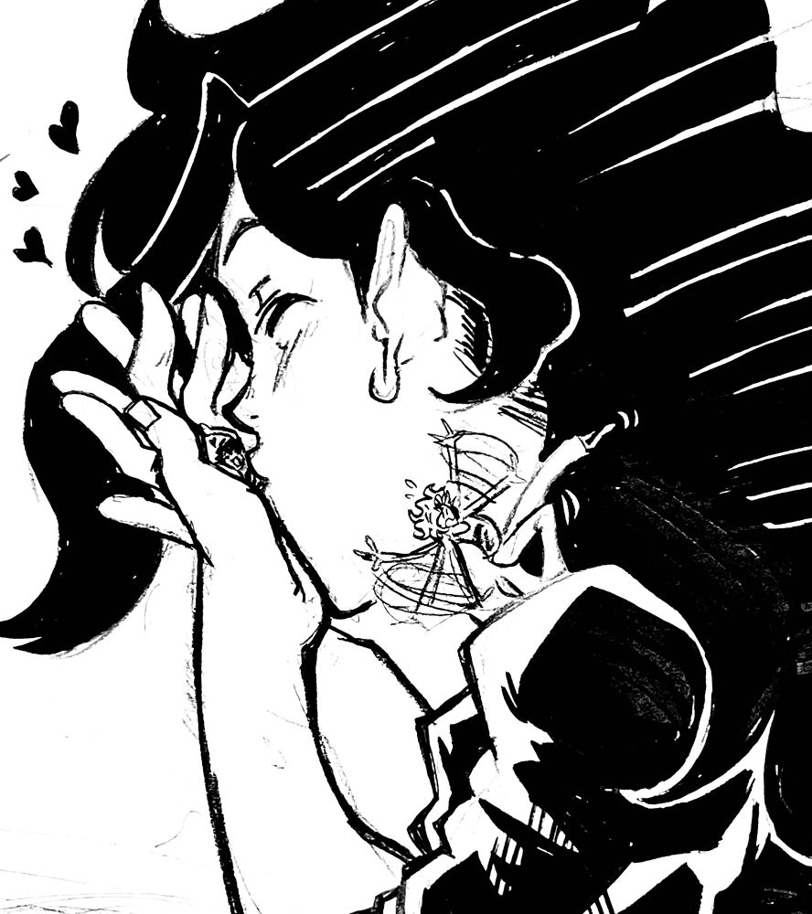 Ed’ eagerly kissing Emily, as Sarah loses balance.