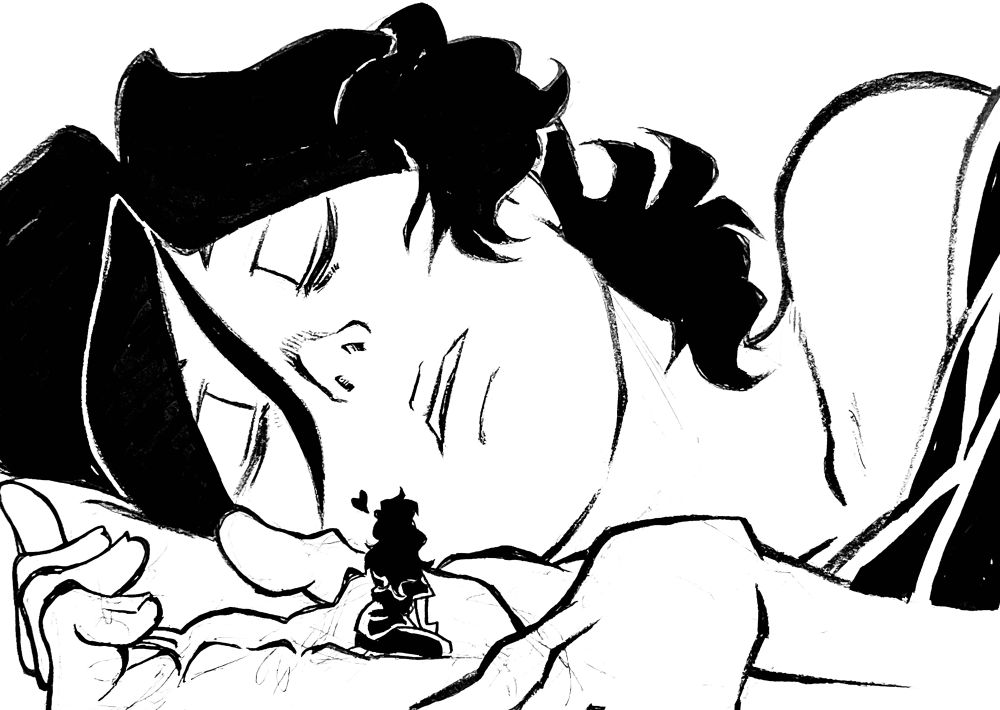 Emily sleeping, Ed’ sitting in her hand, admiring her peaceful face.