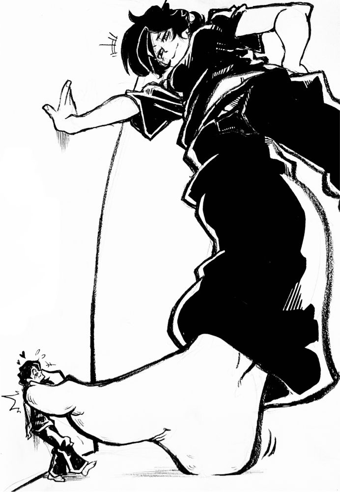 Emily pinning Ed’ against a wall between her toes, while she looms above, looking down on him, smugly, while he melts.