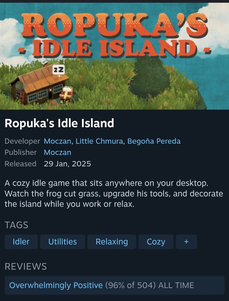 Screenshot of Steam store showing Ropuka's Idle Island with 504, 96% positive review score