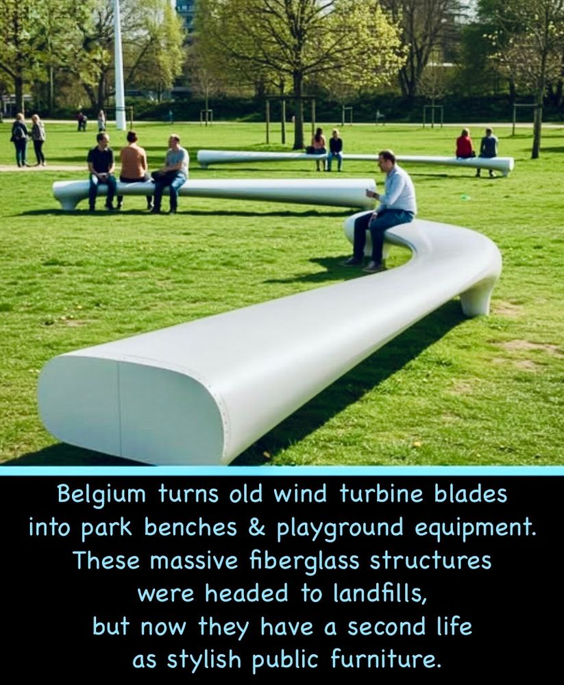 Belgium turns old wind turbine blades into park benches & playground equipment. These massive fiberglass structures were headed to landfills but now they have a second life as stylish public furniture. The photo depicts a vibrant expanse of green park grass and people sitting on wind turbine blades converted to sleek, curvy benches. It really does look space-agey and sophisticated as all get-out. And what a COOL way ti repurpose something so massive, that would otherwise just sit in a landfill. I am so impressed. It reminds me of that country that was making asphalt out of chopped up old tires and other plastics too difficult to recycle. Whatever happened with that? I thought for sure that would catch on. It was brilliant. I always assumed it turned out to be prohibitively expensive (gods forbid we pay extra money to save the fucking planet) or even worse for the environment, somehow... I'm going to look that up. Every time I think about it it bothers me I don't know what happened with that. Anyway - these turbine blades look super cool. I bet one day the US will have innovation again. If we don't kills ourselves off, or cut ourselves off from the rest of the world, Gilead-style. FUCK. I am so depressed.