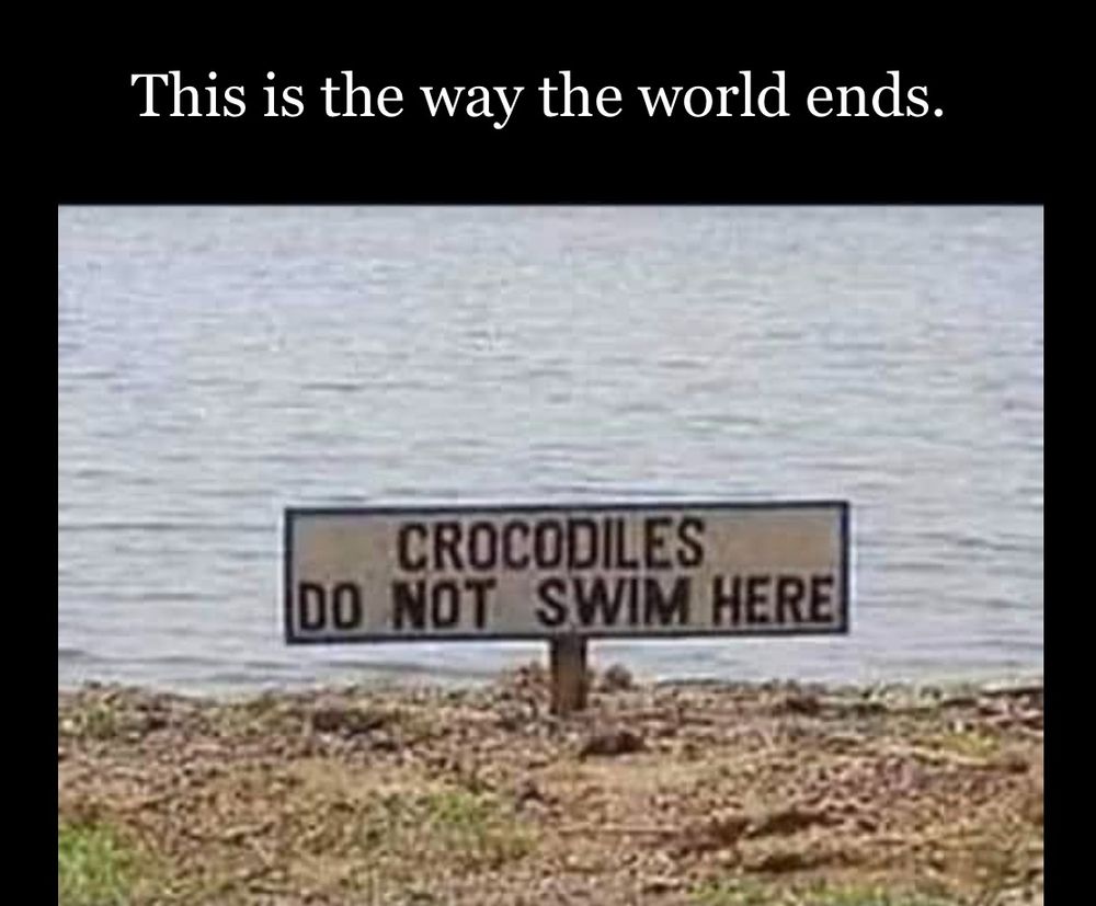 I've titled this "This is the way the world ends." A is a picture of a body of water, an unappealing water's edge, & a sign stuck into the dirt. The sign reads: CROCODILES
                                      DO NOT SWIM HERE
If you read the sign the way that a SANE person would you think, HUH. So, crocodiles do not swim here. Interesting they'd make a SIGN saying so, but okay... A truly sane person who thinks critically would figure it out, of course. But we live in a time when the VAST VAST VAST majority of people who see that sign will think CROCODILES DO NOT SWIM HERE & betake themselves for a dip. Sigh. Good riddance. I will not mourn them. I do not say, "Oh, that's too bad" when I hear about some moron dying because he did something incredibly stupid. As Tim Hicks said (and I'm paraphrasing), "If you take acid and jump off the rook because you thought you could fly, that's one less moron in the gene pool. YOU SHOULD'VE TAKEN OFF FROM THE GROUND, ASSHOLE." A-fuckin-MEN, brother.
