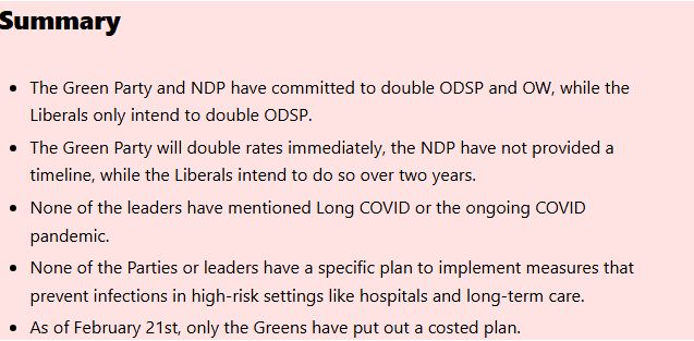 Summary: Summary





The Green Party and NDP have committed to double ODSP and OW, while the Liberals only intend to double ODSP.  



The Green Party will double rates immediately, the NDP have not provided a timeline, while the Liberals intend to do so over two years.



None of the leaders have mentioned Long COVID or the ongoing COVID pandemic.



None of the Parties or leaders have a specific plan to implement measures that prevent infections in high-risk settings like hospitals and long-term care.



As of February 21st, only the Greens have put out a costed plan. (This is incorrect now because a few hours later, the NDP put out their costed plan)