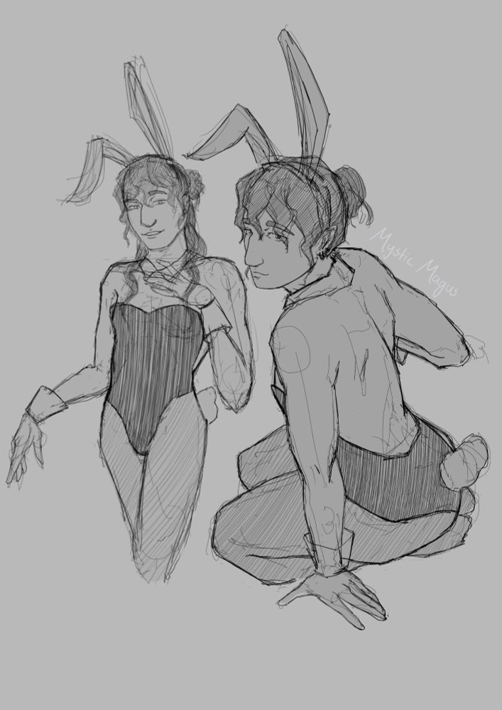 Digital art sketch of my OC Harland wearing a sexy bunny suit. 
To the left he is standing with a sultry look on his face with a hand on his chest, and his hair half tied up in a bun. 
To the right he is kneeling with his back turned and looking over his shoulder with a cute pout, his hair fully up in a bun.