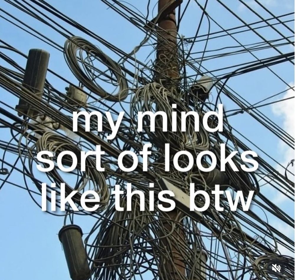 an incomprehensible tangle of dozens of power lines around a pole. caption is "my mind sort of looks like this btw" 