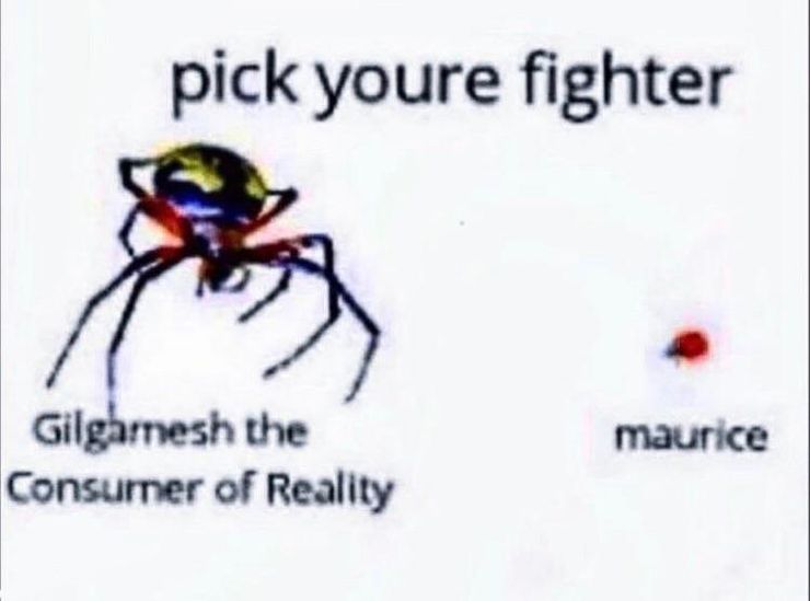 somewhat deep fried meme that has the heading "pick youre fighter". on the left is a large black widow type spider, called Gilgamesh the Consumer of Reality. on the right is a tiny ladybug named Maurice