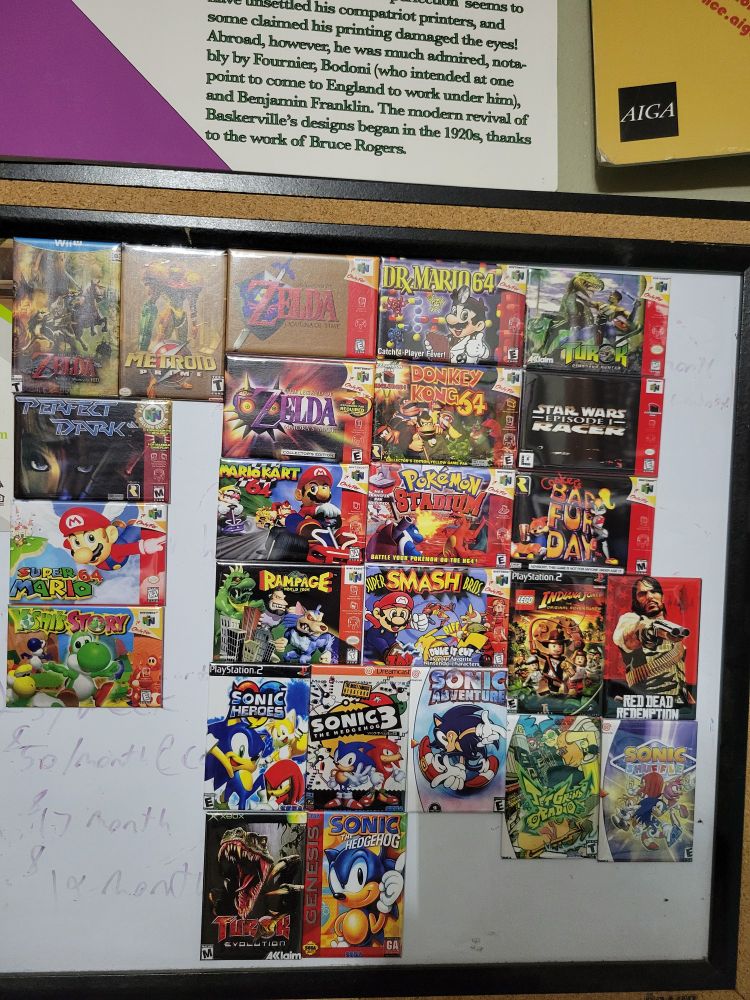 25 new refridgerator magnets of the games I own. Of course some of the ones here are of different consoles from the actual copies I have.