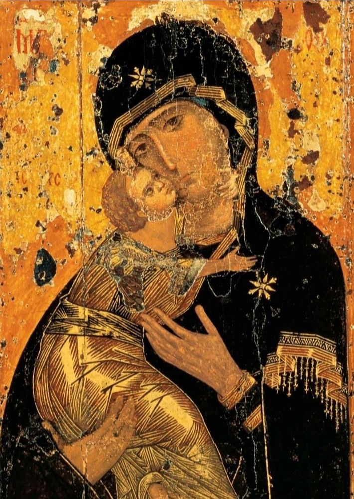 Icon of the Mother of God of Vladimir or Our Lady of Vladimir. An icon of tenderness where the Mother of God inclines her face towards the child who raises an anxious face towards her. Yet she is not looking at the child, but at the one looking at the icon.