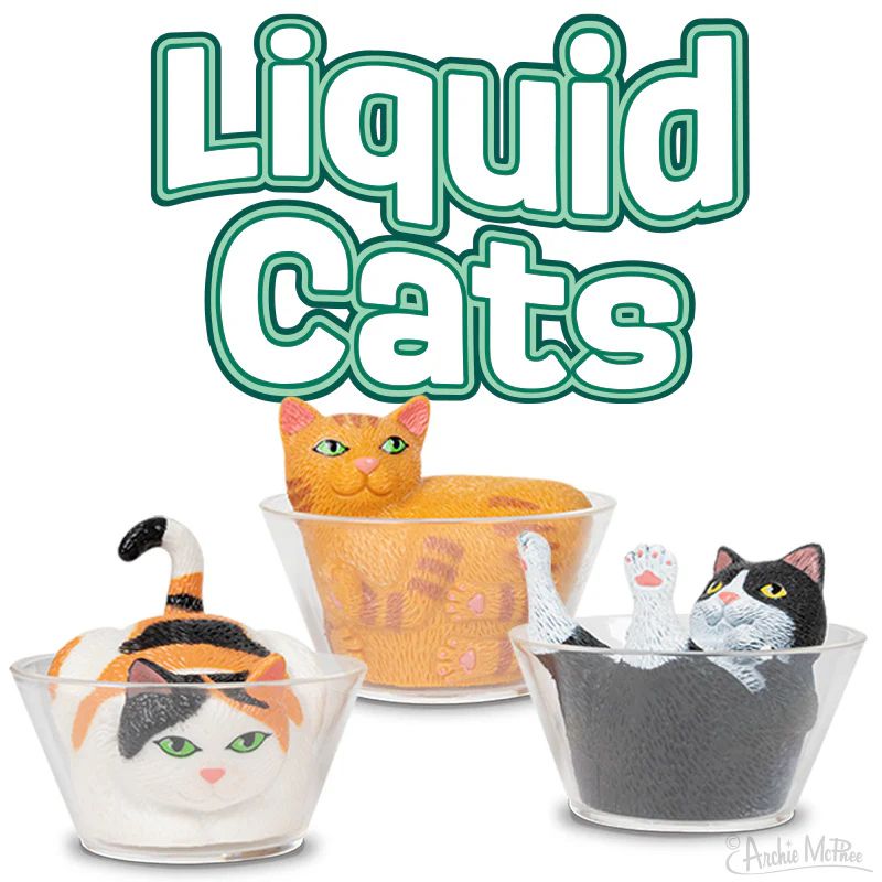 Three cat figures squished into bowls. They are collectible toys. The text says "Liquid Cats"